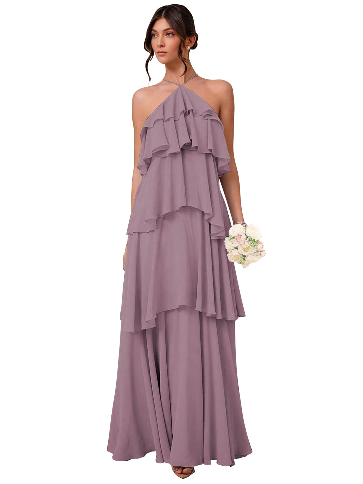 Chiffon Halter Bridesmaid Dresses for Women A Line Tiered Ruffle Long Formal Evening Gown