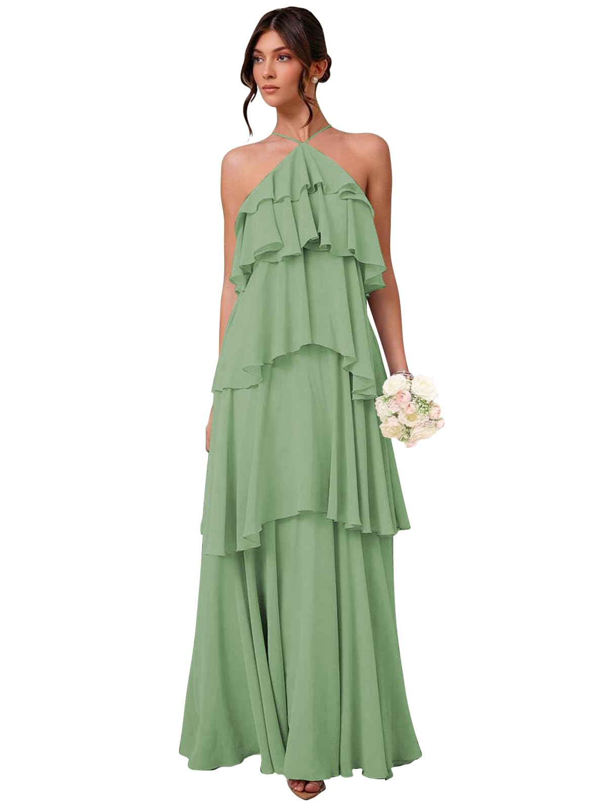 Chiffon Halter Bridesmaid Dresses for Women A Line Tiered Ruffle Long Formal Evening Gown