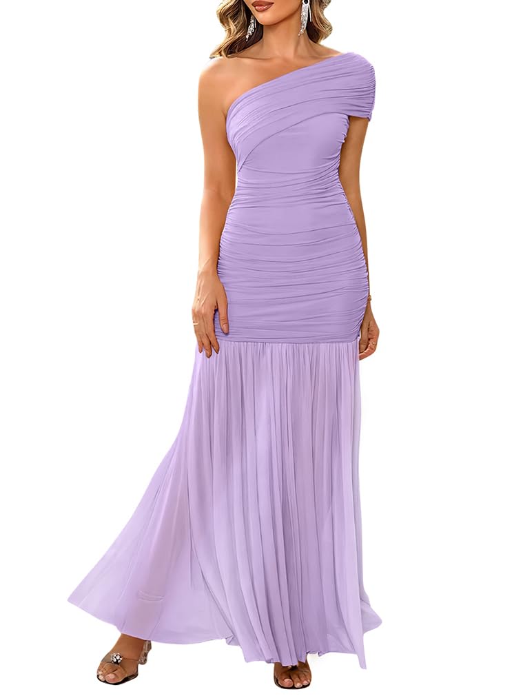 LAGSHIAN Womens Formal One Shoulder Sleeveless Evening Long Dress | Elegant Bodycon Mesh Ruched Cocktail Party Maxi Dress, Classy Slim Fit Wedding Dresses,Stretch,Flowing Sheer Hem