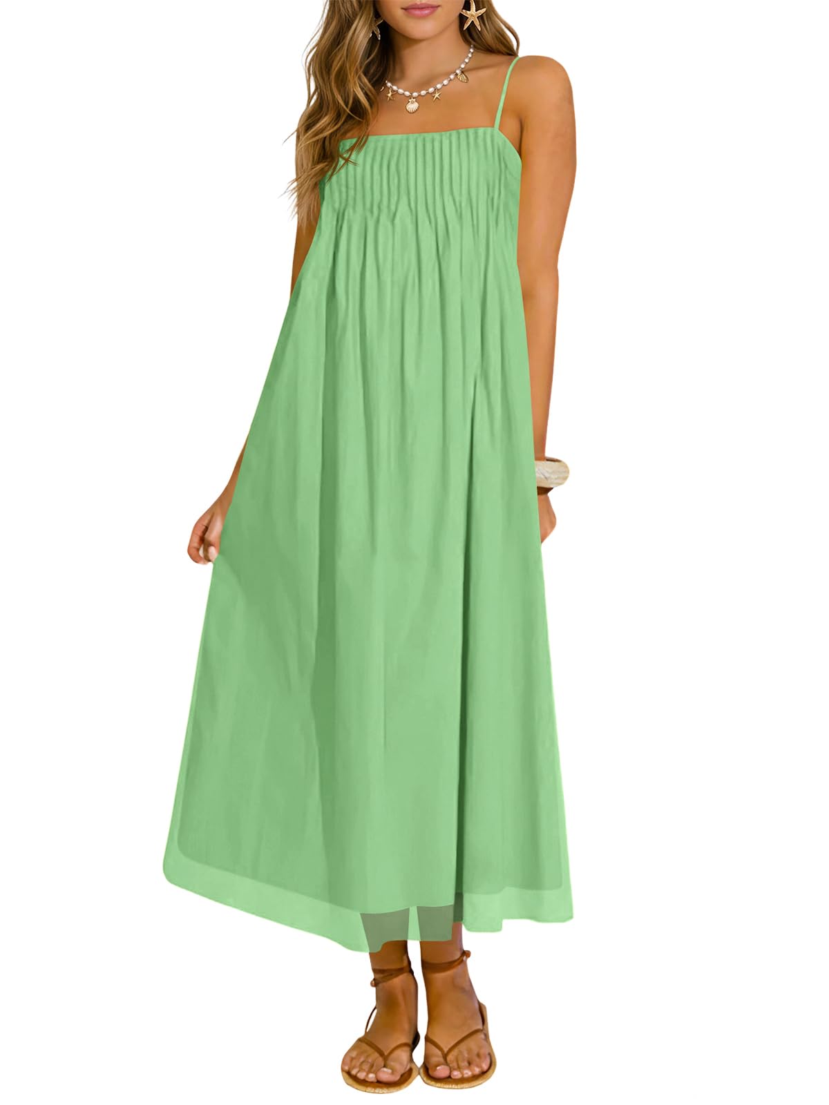 Wenrine Women's Summer Boho Maxi Dresses Spaghetti Straps Chiffon Sundress | Beach Vacation, Flowy, Linen, Casual, Loose, Pleated, Sleeveless, Midi Long Dress with Pockets