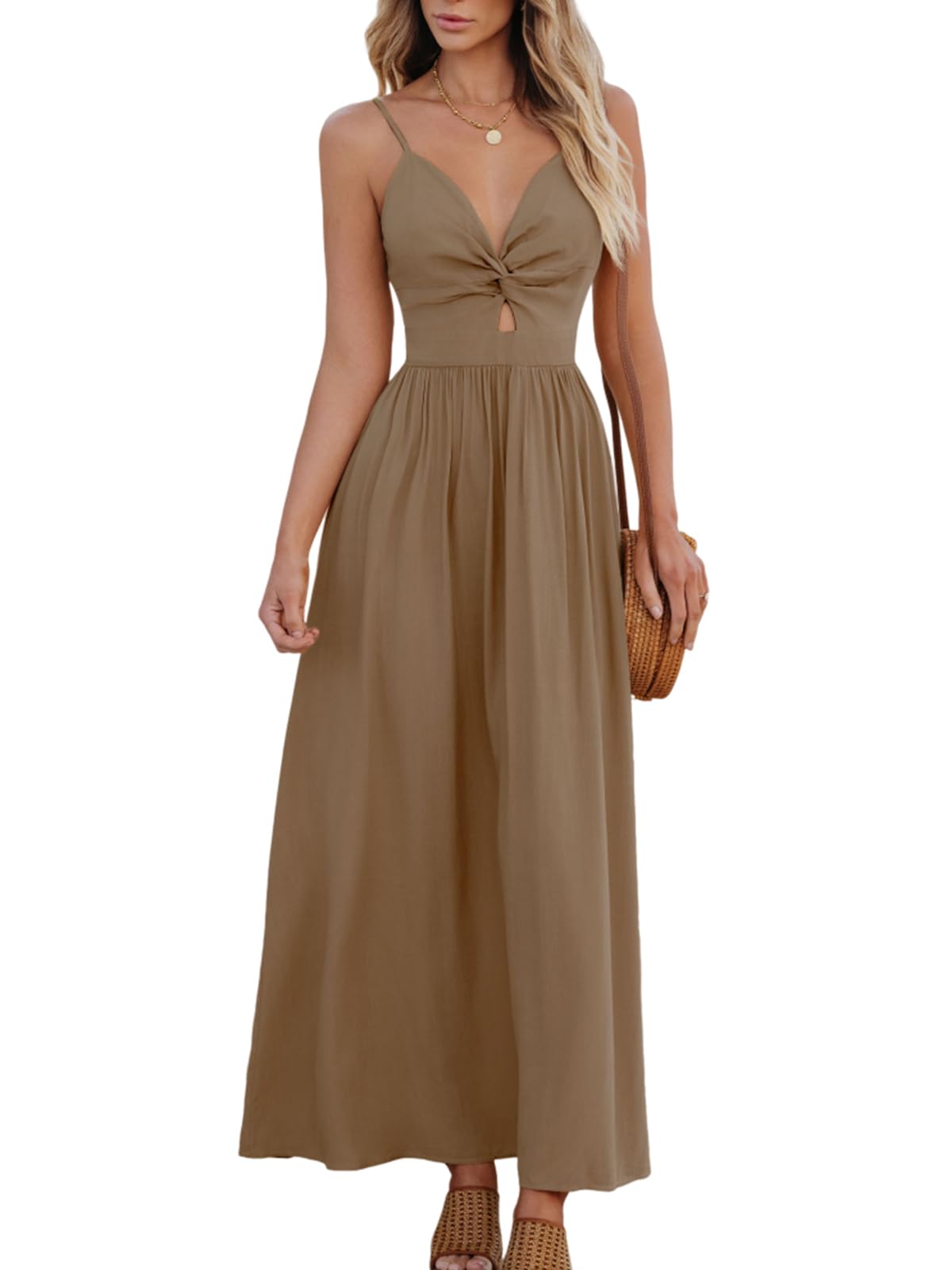 CUPSHE Women's V Neck Twisted Pleated Cutout Backless Formal Maxi Dress | Sleeveless, Self Tie Back, Adjustable Spaghetti Straps, Open Back, Casual Flowy Long Skirt, Summer Beach Resort Sundress