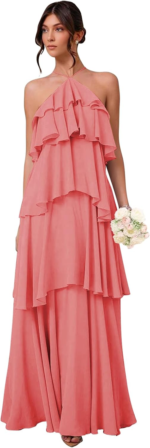 Chiffon Halter Bridesmaid Dresses for Women A Line Tiered Ruffle Long Formal Evening Gown