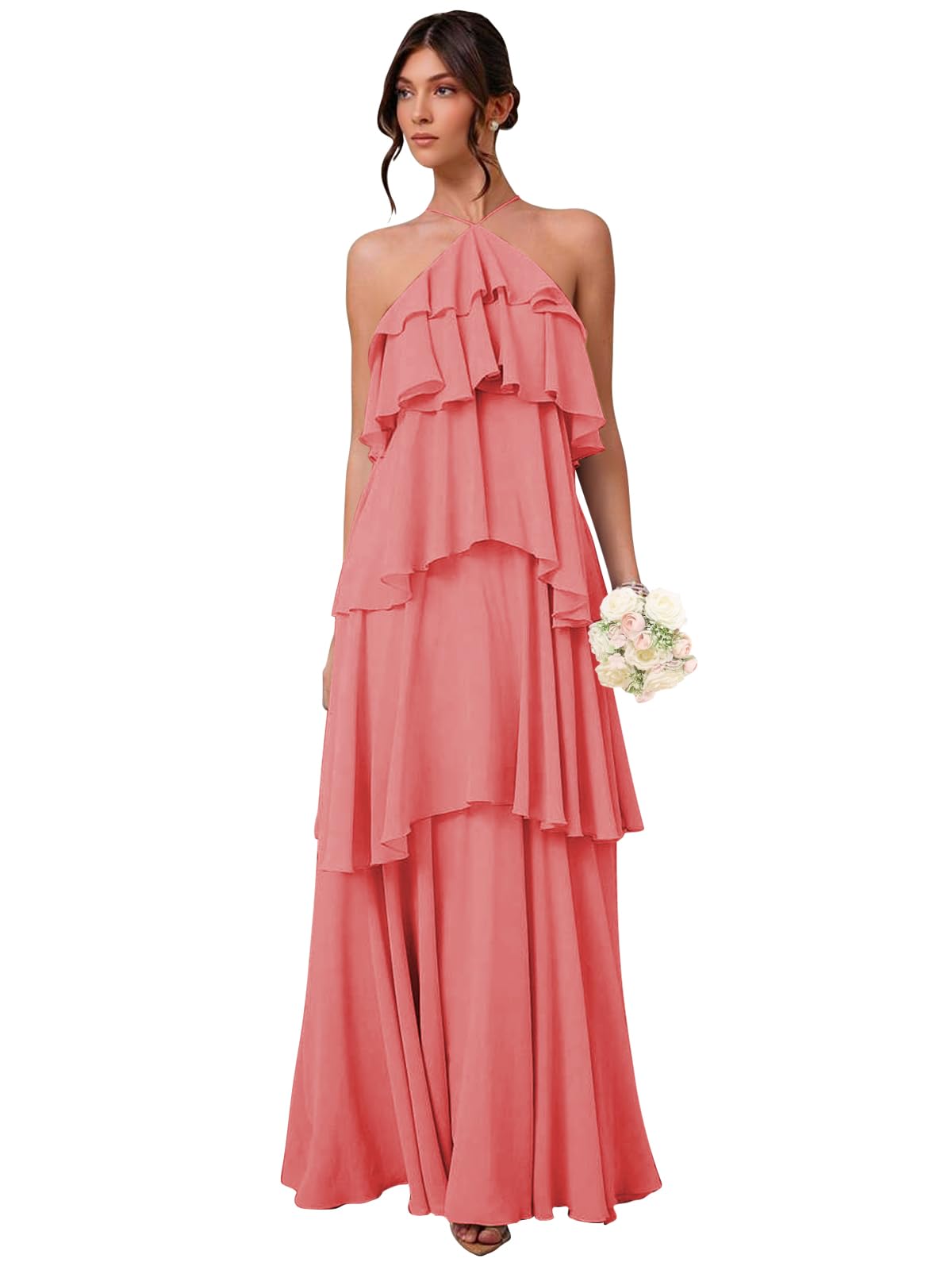 Chiffon Halter Bridesmaid Dresses for Women A Line Tiered Ruffle Long Formal Evening Gown