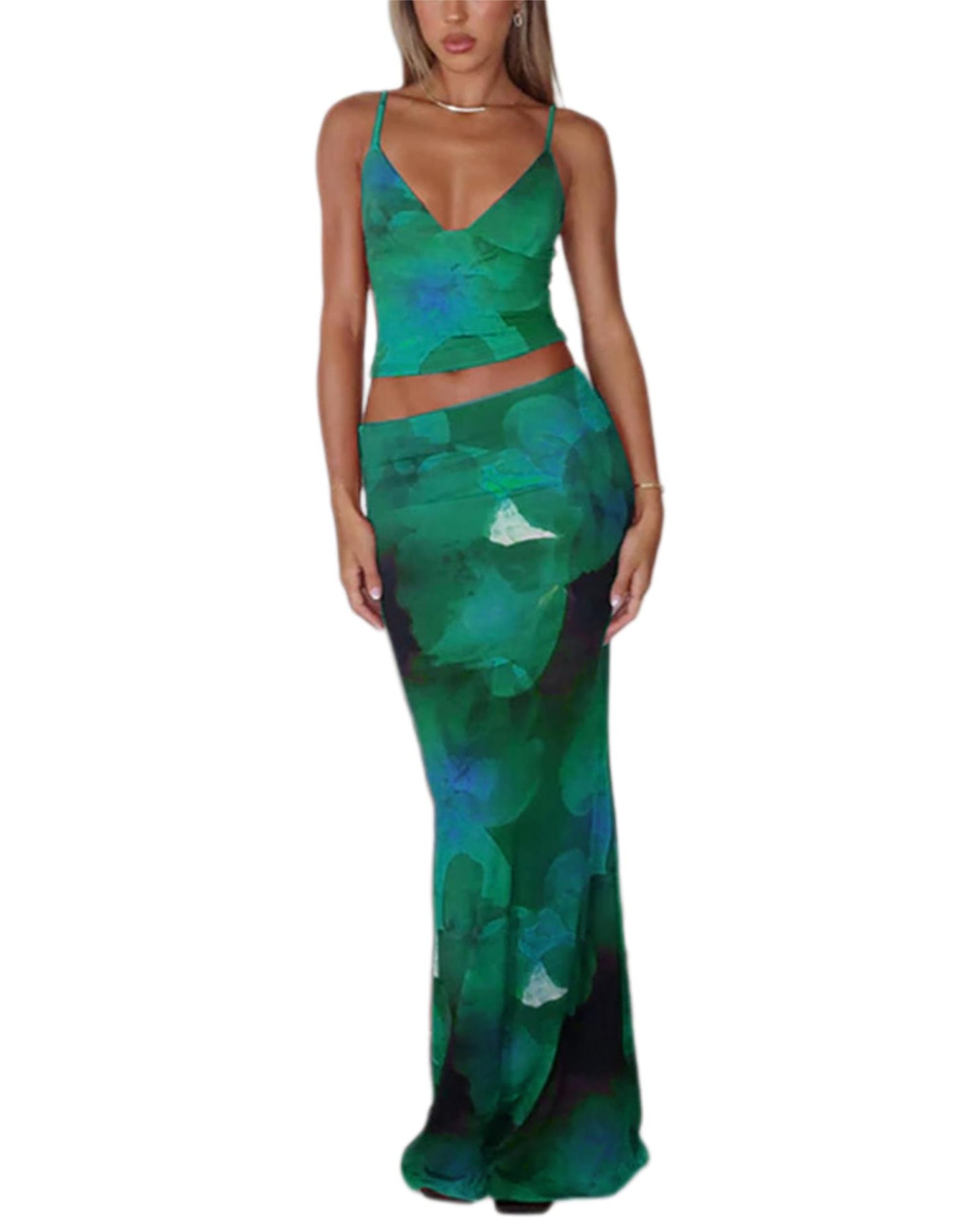 ksotutm Maxi Skirt Set Floral Print Halter Top Maxi Skirt Sexy Going Out Outfits for Women