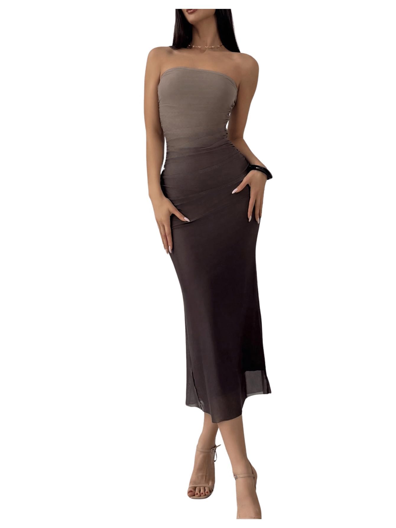 GORGLITTER Women's Sunset Ombre Strapless Cocktail Bridal Shower Midi Dress | Orange Wedding Guest Dress, Mesh Tube Dresses, Bridesmaid Sundresses, Vacation Beach Outfits