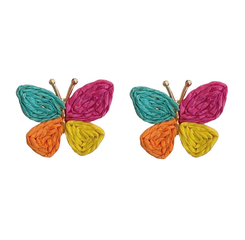 Butterfly Drop Earrings Boho Raffia Rattan Dangle Earrings Bohemian Statement Earrings for Women Cute Summer Beach Vacation Jewelry Gift