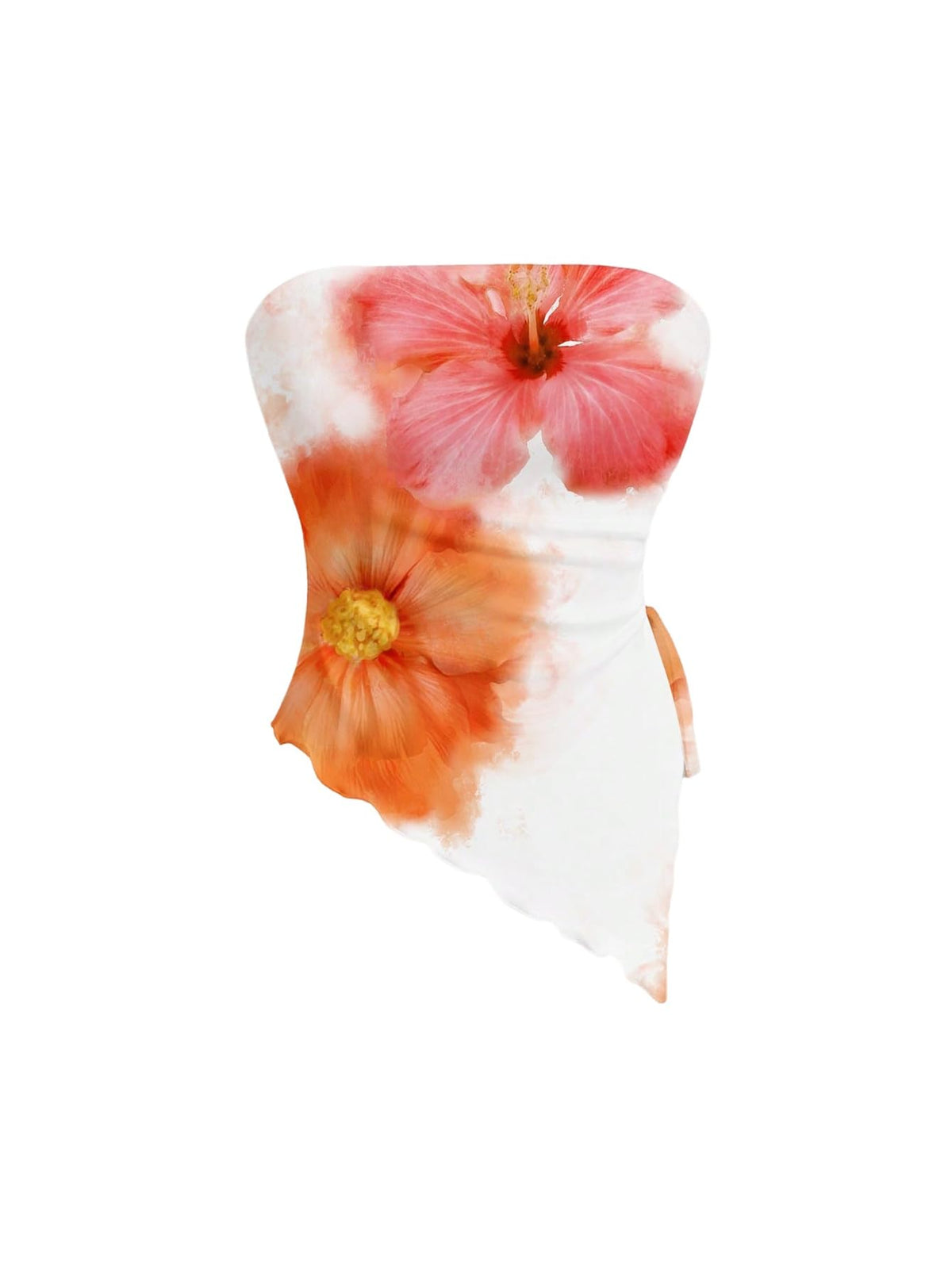 WDIRARA Women's Floral Strapless Side Ruched Asymmetrical Hem Tube Top | Y2k Floral, Strapless, Asymmetrical Hem, Side Ruched, Bandeau Crop Top