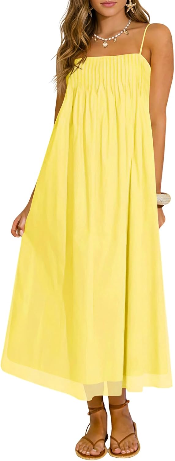 Wenrine Women's Summer Boho Maxi Dresses Spaghetti Straps Chiffon Sundress | Beach Vacation, Flowy, Linen, Casual, Loose, Pleated, Sleeveless, Midi Long Dress with Pockets