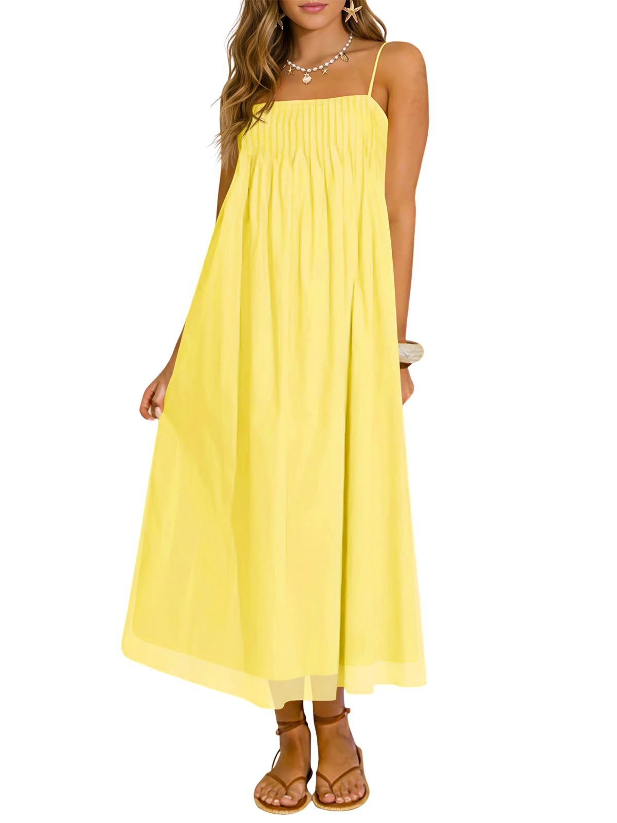 Wenrine Women's Summer Boho Maxi Dresses Spaghetti Straps Chiffon Sundress | Beach Vacation, Flowy, Linen, Casual, Loose, Pleated, Sleeveless, Midi Long Dress with Pockets
