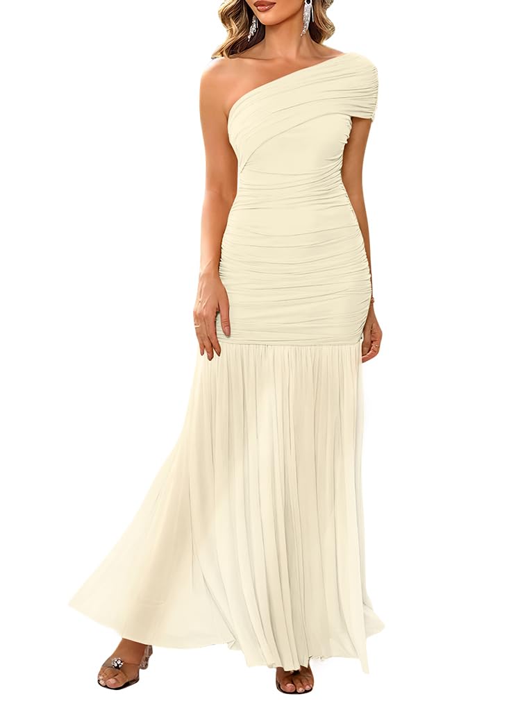 LAGSHIAN Womens Formal One Shoulder Sleeveless Evening Long Dress | Elegant Bodycon Mesh Ruched Cocktail Party Maxi Dress, Classy Slim Fit Wedding Dresses,Stretch,Flowing Sheer Hem