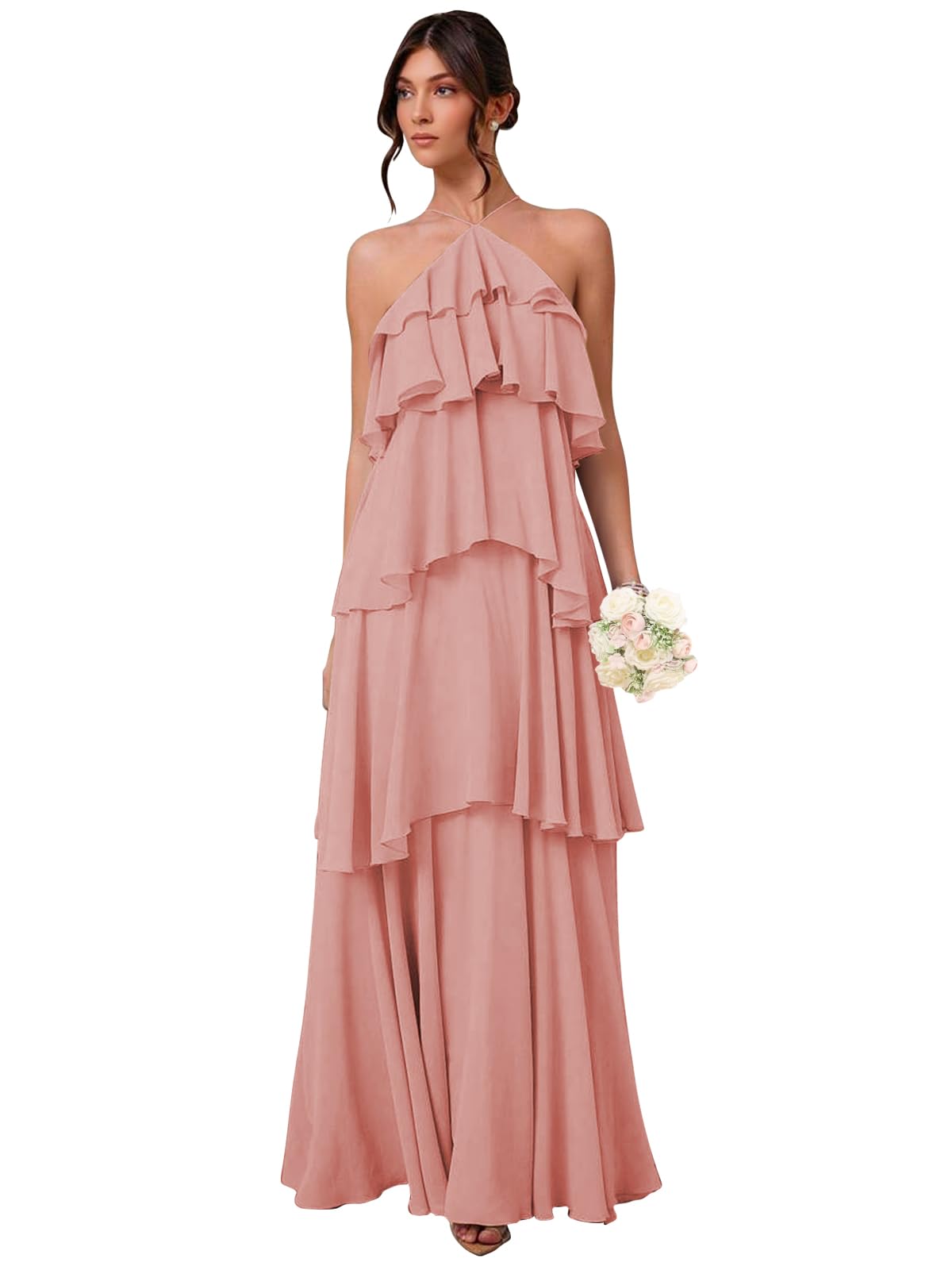 Chiffon Halter Bridesmaid Dresses for Women A Line Tiered Ruffle Long Formal Evening Gown
