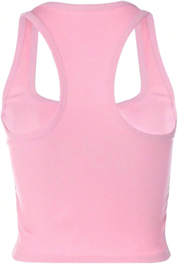 WDIRARA Women's Letter Rhinestone Crop Tank Top Y2k Rib Knit Tops | Racerback Square Neck Sleeveless