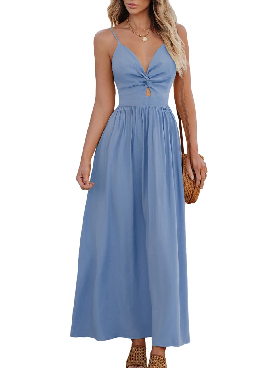 CUPSHE Women's V Neck Twisted Pleated Cutout Backless Formal Maxi Dress | Sleeveless, Self Tie Back, Adjustable Spaghetti Straps, Open Back, Casual Flowy Long Skirt, Summer Beach Resort Sundress