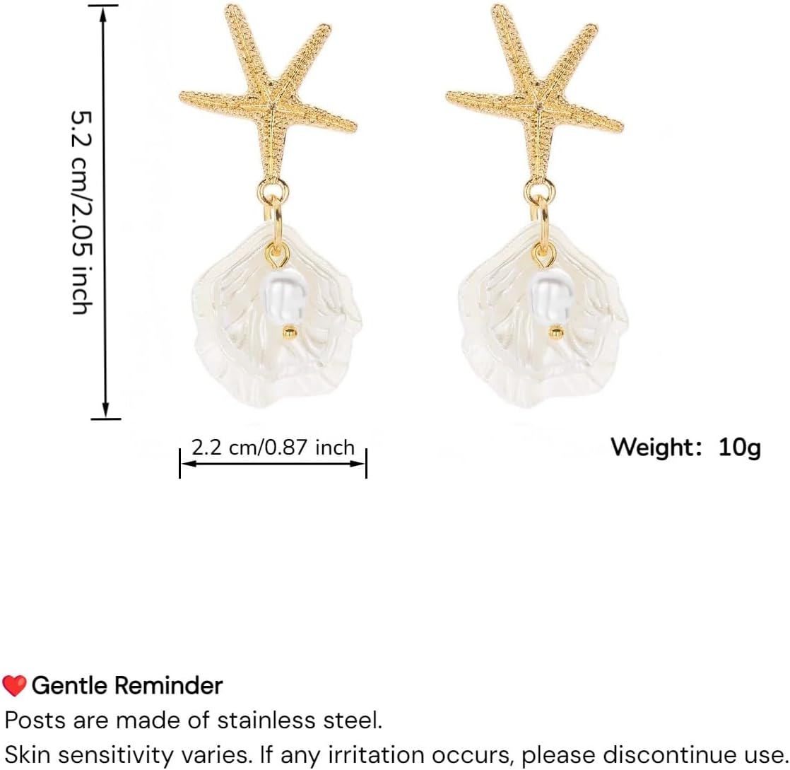 Starfish Shell Pearl Pendant Earrings for Women, Bohemian Beach Style