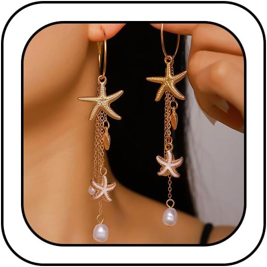 Beach Gold Seashell Shell Starfish Drop Dangly Earrings for Women Stylish | Boho Sea Shell Conch Pearl Enamel Star Dangling Beachy Earring, Beach Jewelry Vacation Holiday Accessories for Women Trendy