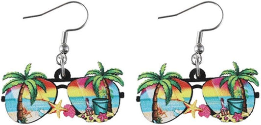 Boho Wooden Dazzling Waves Flip Flops Palm Tree Dangle Earrings Sunset Starfish Sunflower Sunglasses Drop Earrings Beach Vacation Outdoor Jewelry Gifts for Women Girls