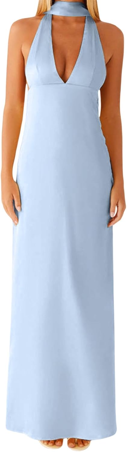 Floral Maxi Dress, Halter Dresses for Women, Deep V Neck Backless Bodycon Long Dresses