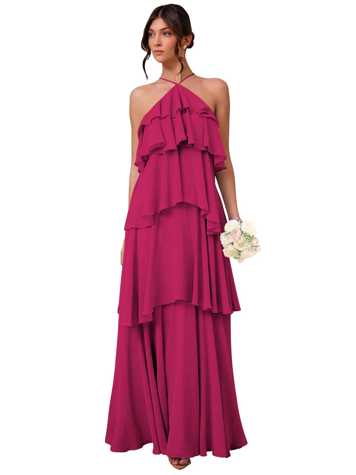 Chiffon Halter Bridesmaid Dresses for Women A Line Tiered Ruffle Long Formal Evening Gown