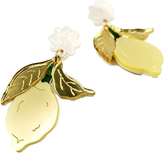 Yellow Lemon Acrylic Dangle Earrings with Gold Tone Leaves | White flower tops, gold tone leaves and yellow lemon drops; playful summer style for birthdays, vacations and daily outfits