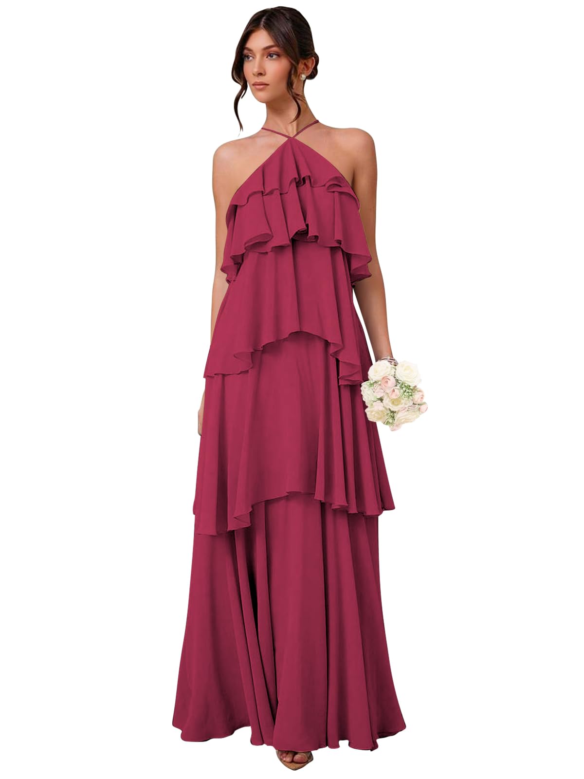 Chiffon Halter Bridesmaid Dresses for Women A Line Tiered Ruffle Long Formal Evening Gown