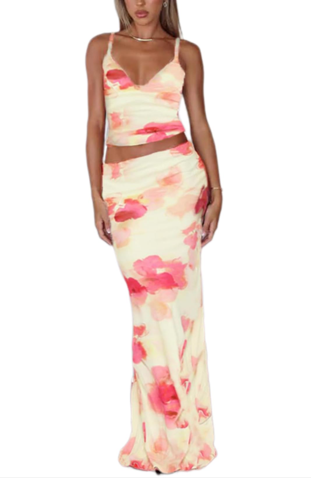 ksotutm Maxi Skirt Set Floral Print Halter Top Maxi Skirt Sexy Going Out Outfits for Women
