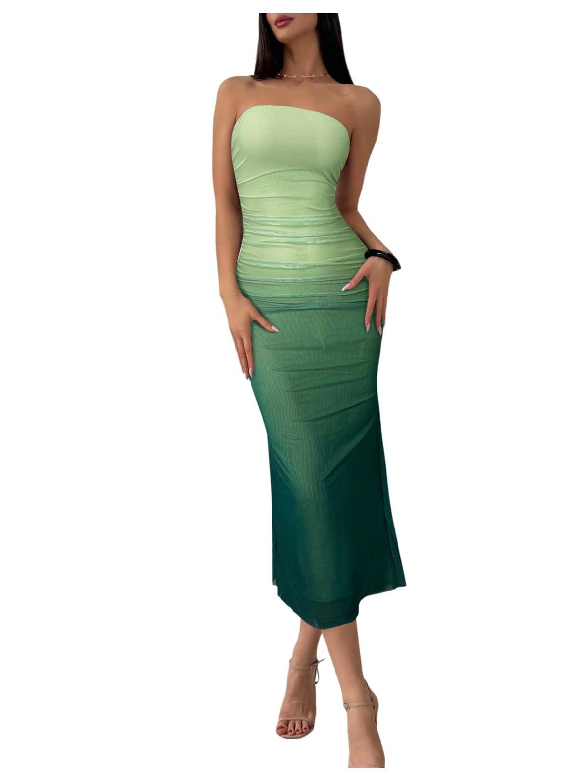 GORGLITTER Women's Sunset Ombre Strapless Cocktail Bridal Shower Midi Dress | Orange Wedding Guest Dress, Mesh Tube Dresses, Bridesmaid Sundresses, Vacation Beach Outfits