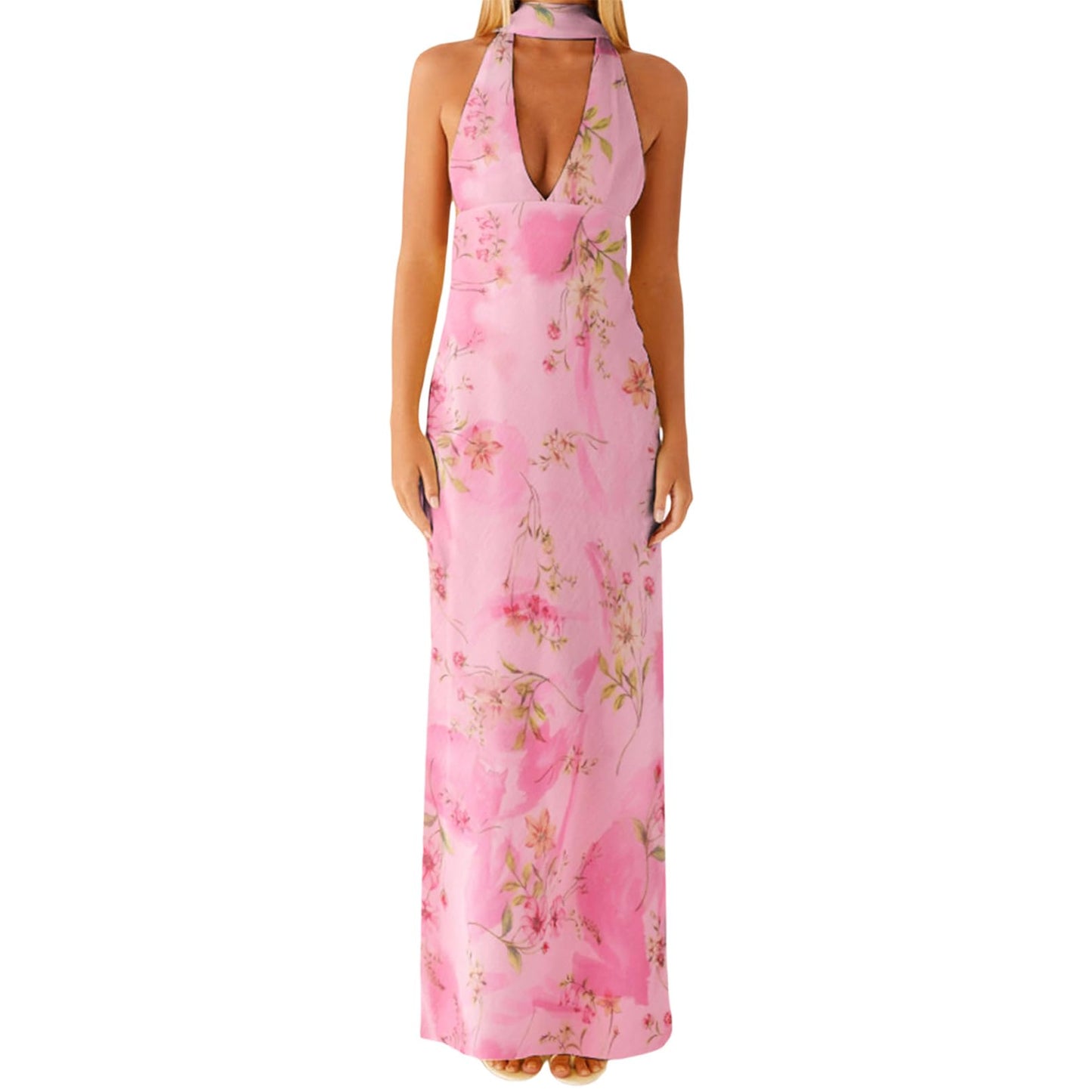 Floral Maxi Dress, Halter Dresses for Women, Deep V Neck Backless Bodycon Long Dresses