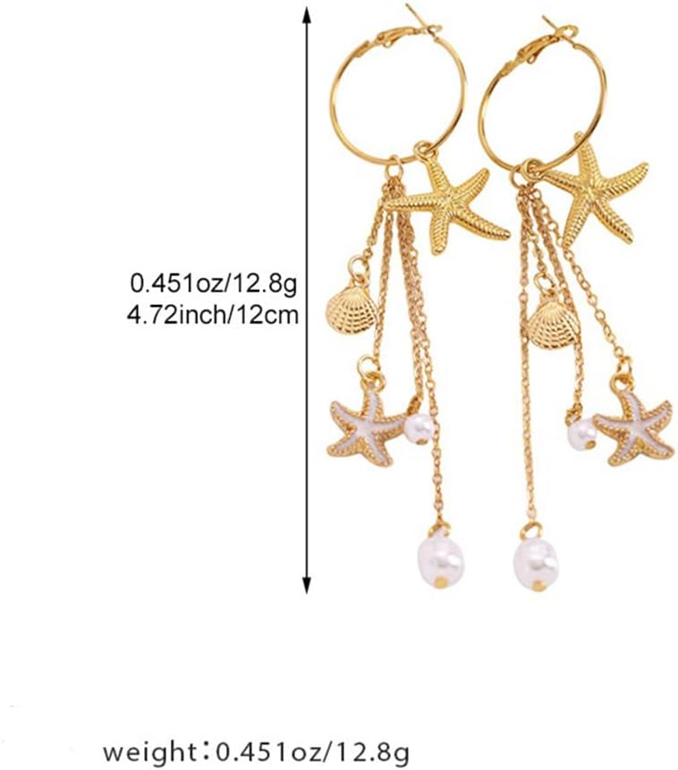 Beach Gold Seashell Shell Starfish Drop Dangly Earrings for Women Stylish | Boho Sea Shell Conch Pearl Enamel Star Dangling Beachy Earring, Beach Jewelry Vacation Holiday Accessories for Women Trendy