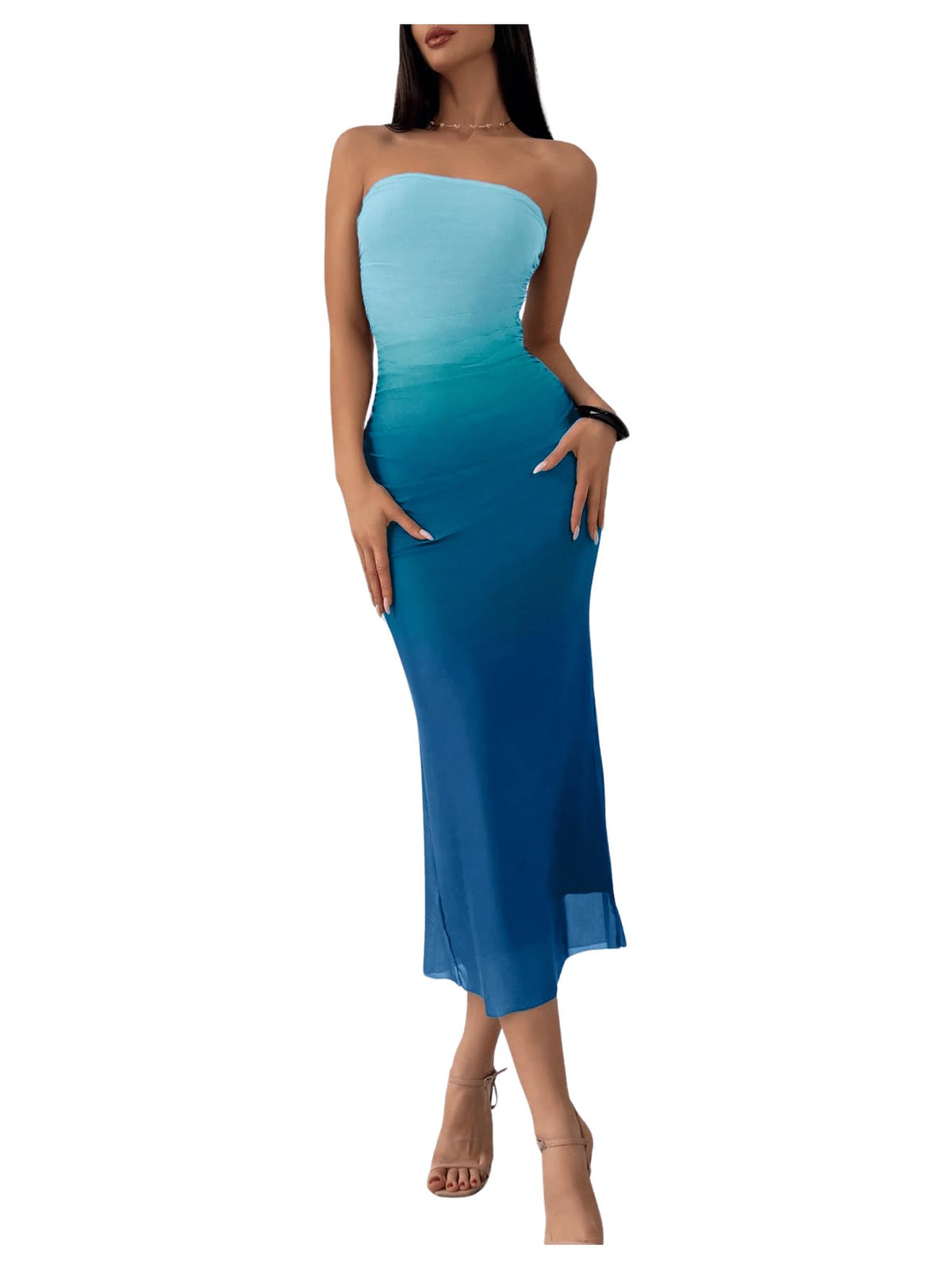 GORGLITTER Women's Sunset Ombre Strapless Cocktail Bridal Shower Midi Dress | Orange Wedding Guest Dress, Mesh Tube Dresses, Bridesmaid Sundresses, Vacation Beach Outfits