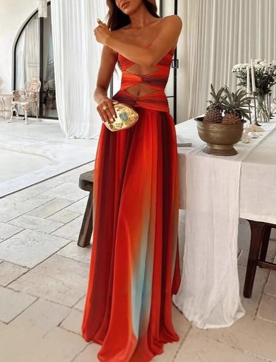 UAURORAO Women Mesh Cut Out Maxi Dress Strapless Twist Front Gradient Long Dresses Elegant Flowy Beach Sunset Dress