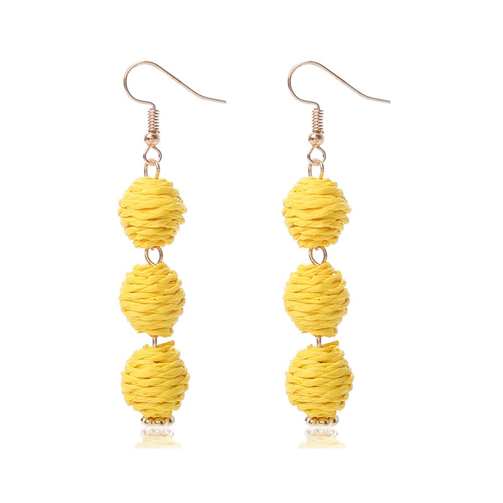 Lightweight Boho Thread Raffia Earrings for Women Handmade Braided Straw Wicker Lantern Ball Earrings Summer Beach Bohemian Geometric Earrings Holiday