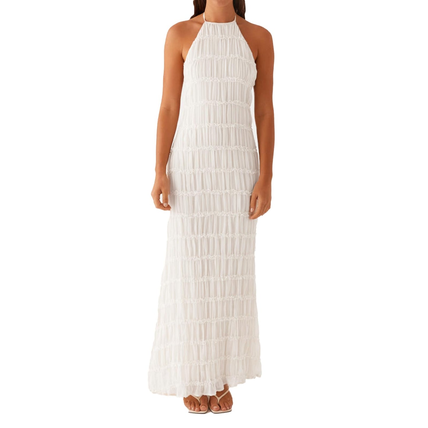 ABYOVRT Women Backless Dress Sleeveless Textured Halter Open Back Maxi Dresses Vacation Wedding Guest