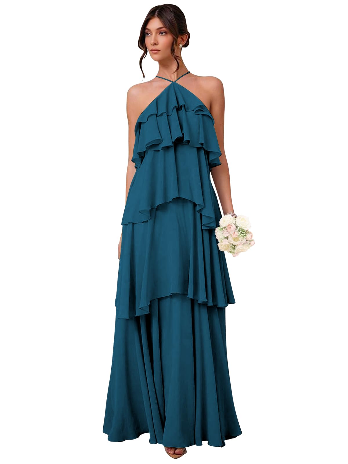 Chiffon Halter Bridesmaid Dresses for Women A Line Tiered Ruffle Long Formal Evening Gown