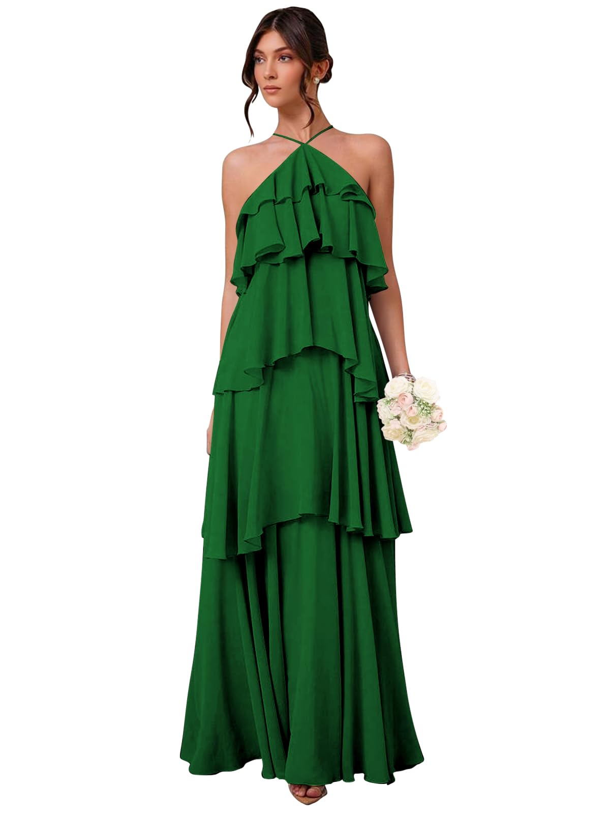 Chiffon Halter Bridesmaid Dresses for Women A Line Tiered Ruffle Long Formal Evening Gown