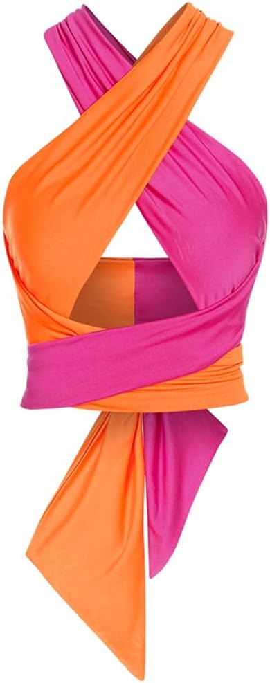 ZAFUL Womens Ribbed Halter Crop Top Ruched Lace-up Cropped Cami Bandana Top Criss Cross Wrap Print Tank Top