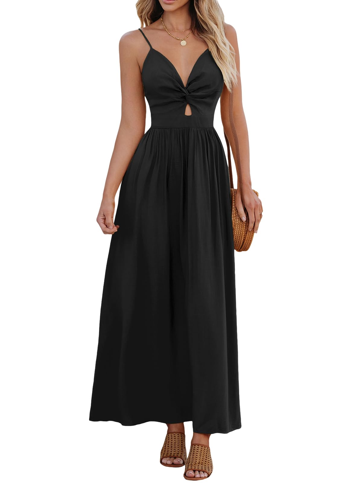 CUPSHE Women's V Neck Twisted Pleated Cutout Backless Formal Maxi Dress | Sleeveless, Self Tie Back, Adjustable Spaghetti Straps, Open Back, Casual Flowy Long Skirt, Summer Beach Resort Sundress