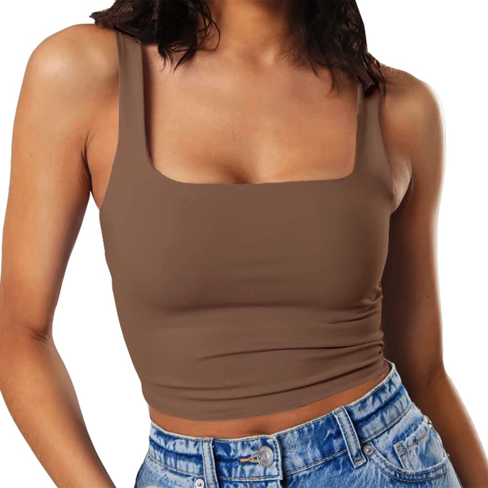 Artfish Women's Sleeveless Strappy Tank Square Neck Double Layer Workout Fitness Casual Basic Crop Tops