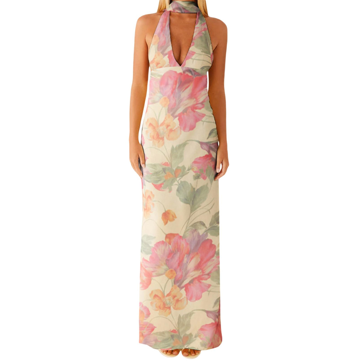 Floral Maxi Dress, Halter Dresses for Women, Deep V Neck Backless Bodycon Long Dresses