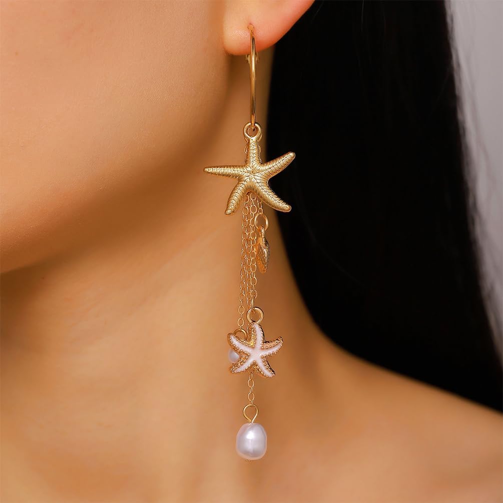 Beach Gold Seashell Shell Starfish Drop Dangly Earrings for Women Stylish | Boho Sea Shell Conch Pearl Enamel Star Dangling Beachy Earring, Beach Jewelry Vacation Holiday Accessories for Women Trendy