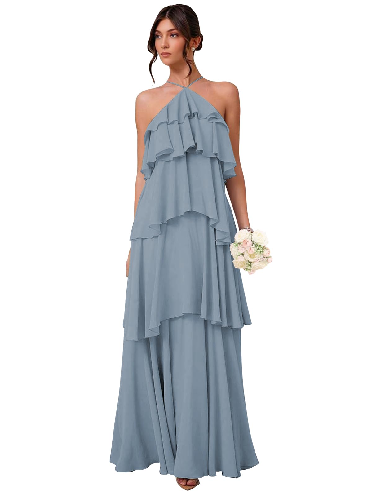 Chiffon Halter Bridesmaid Dresses for Women A Line Tiered Ruffle Long Formal Evening Gown
