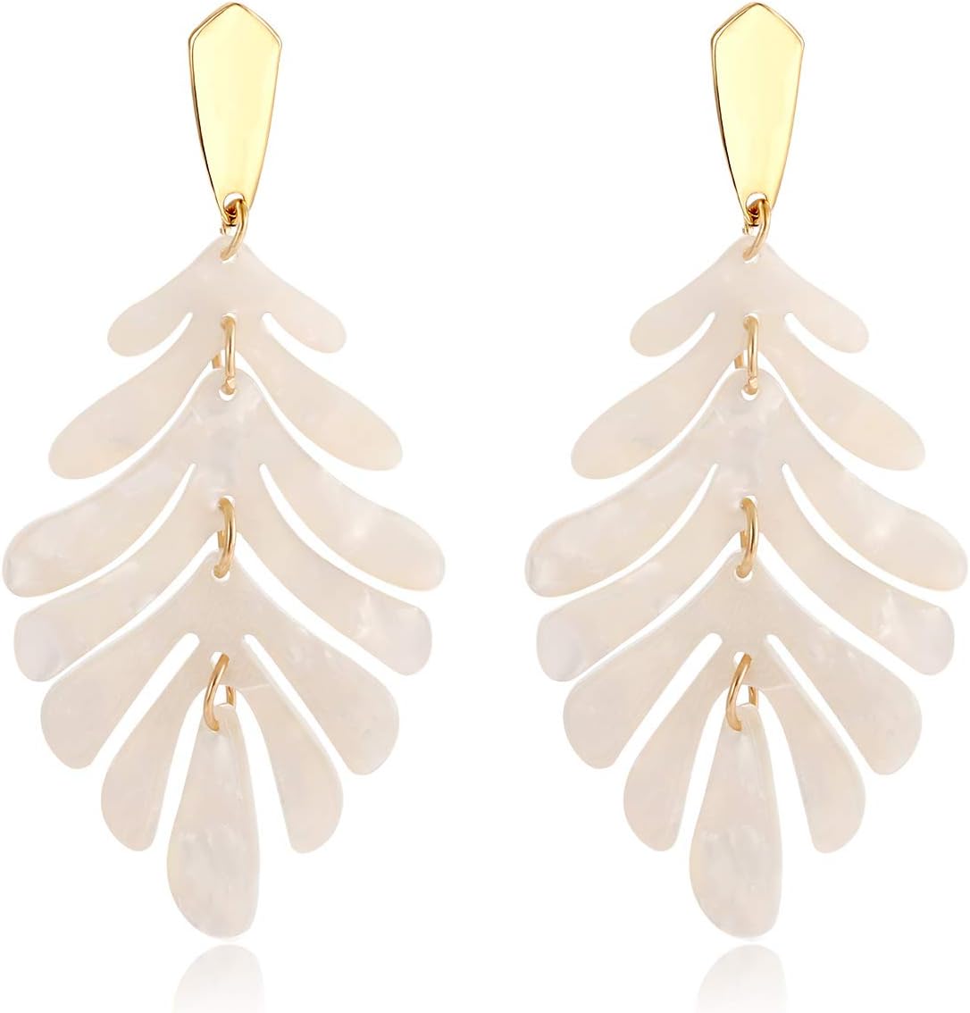 Acrylic Pendant necklace Earrings – Long Statement Leaf Charm Necklace Tortoise Resin Palm Leaf Earrings Fashion Necklaces Earrings for Women