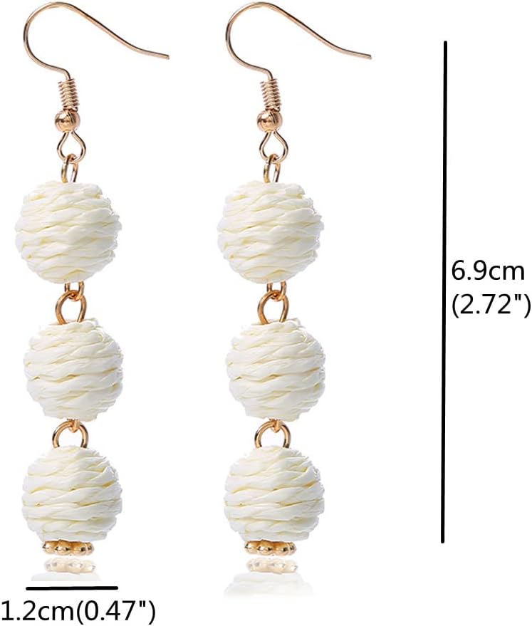 Lightweight Boho Thread Raffia Earrings for Women Handmade Braided Straw Wicker Lantern Ball Earrings Summer Beach Bohemian Geometric Earrings Holiday