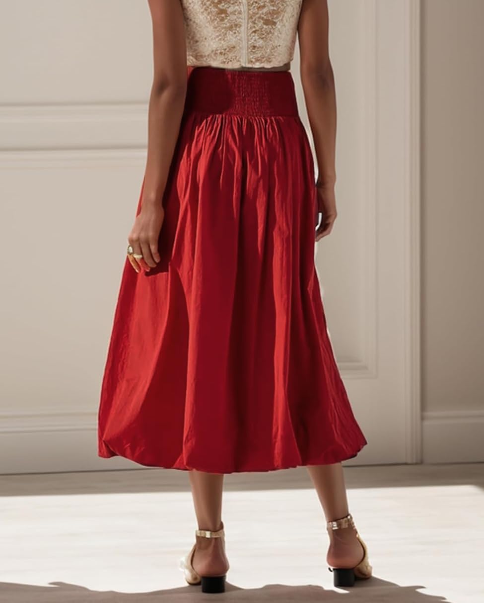 NUFIWI Women Y2k Bubble Maxi Skirt Low Elastic Waist A Line Long Skirt Summer Casual Ruffle Pleated Midi Dress