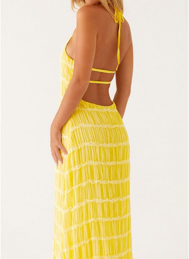 ABYOVRT Women Backless Dress Sleeveless Textured Halter Open Back Maxi Dresses Vacation Wedding Guest