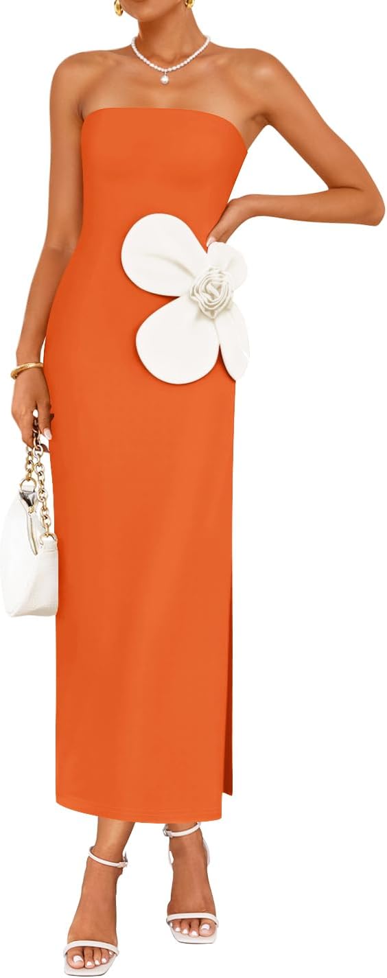 ZESICA Womens Summer Cocktail Strapless Bodycon Maxi Dress | Backless, Floral Tube Dress, Formal Long Dress, Wedding Guest Dress, Party Dress for Women