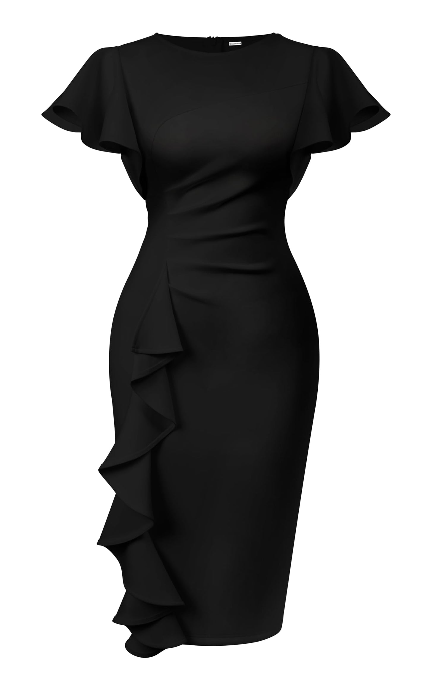 Memoriesea Women's Church Ruffle Sleeve Ruched Work Midi Dress | Back Zipper,Ruched Waist,Knee Length,Classic Sheath Outfits for Office Business Graduation Teacher Formal Cocktail Travel