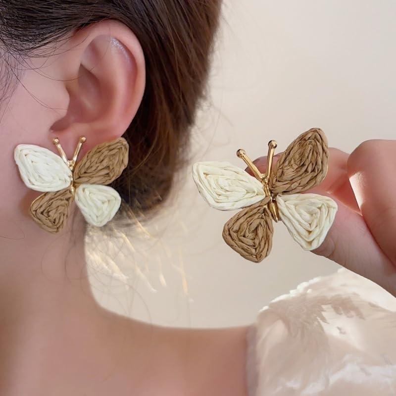 Butterfly Drop Earrings Boho Raffia Rattan Dangle Earrings Bohemian Statement Earrings for Women Cute Summer Beach Vacation Jewelry Gift