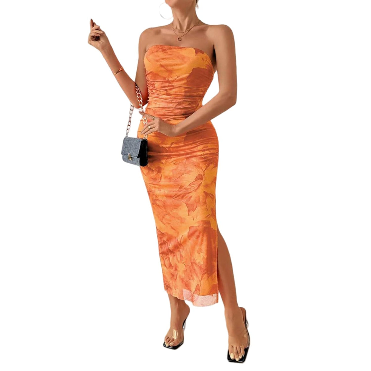 LIGHT DOT Women's Summer Dress Printed Strapless Tube Bodycon Maxi Side Slit Mesh Layered