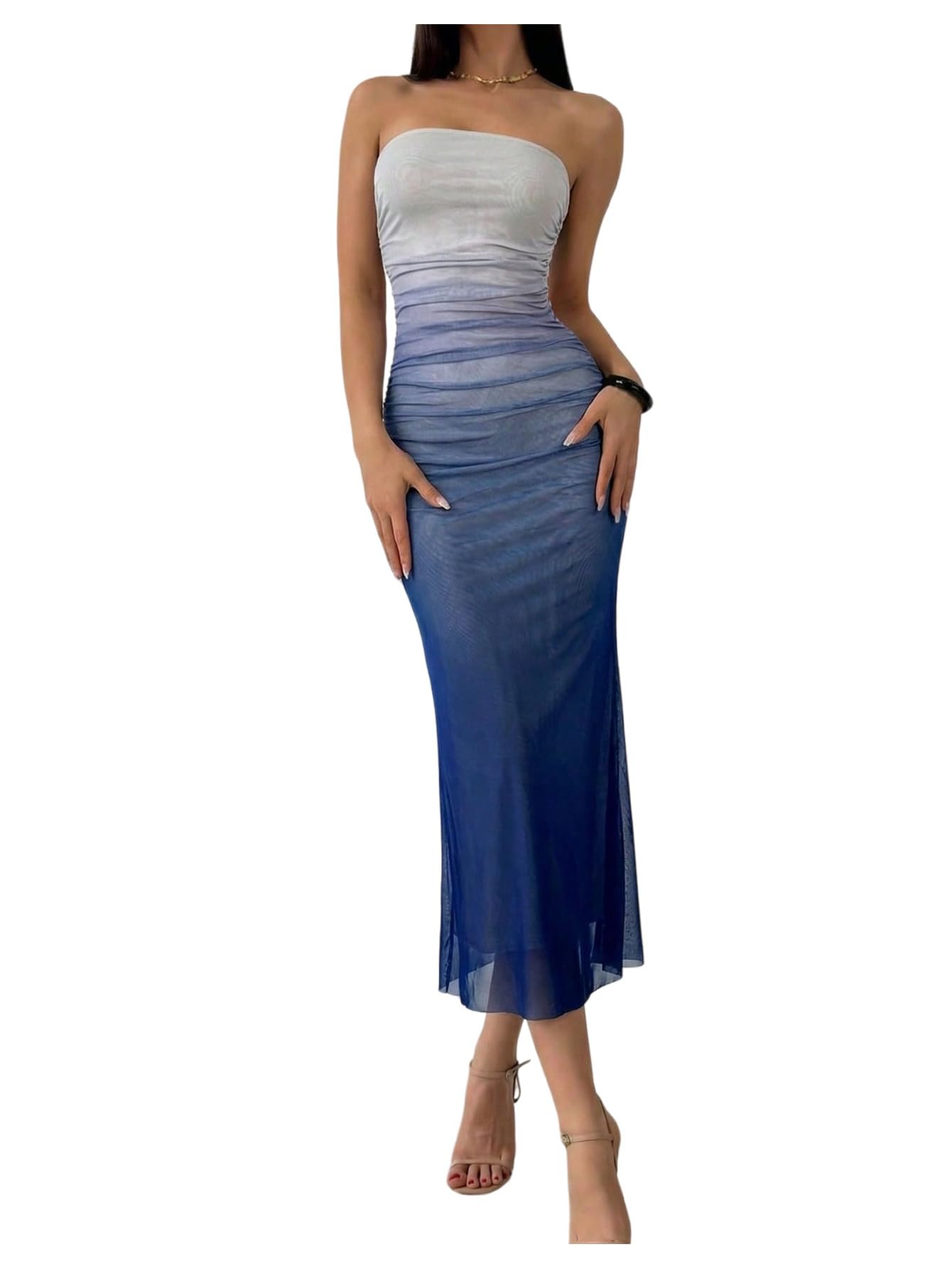 GORGLITTER Women's Sunset Ombre Strapless Cocktail Bridal Shower Midi Dress | Orange Wedding Guest Dress, Mesh Tube Dresses, Bridesmaid Sundresses, Vacation Beach Outfits