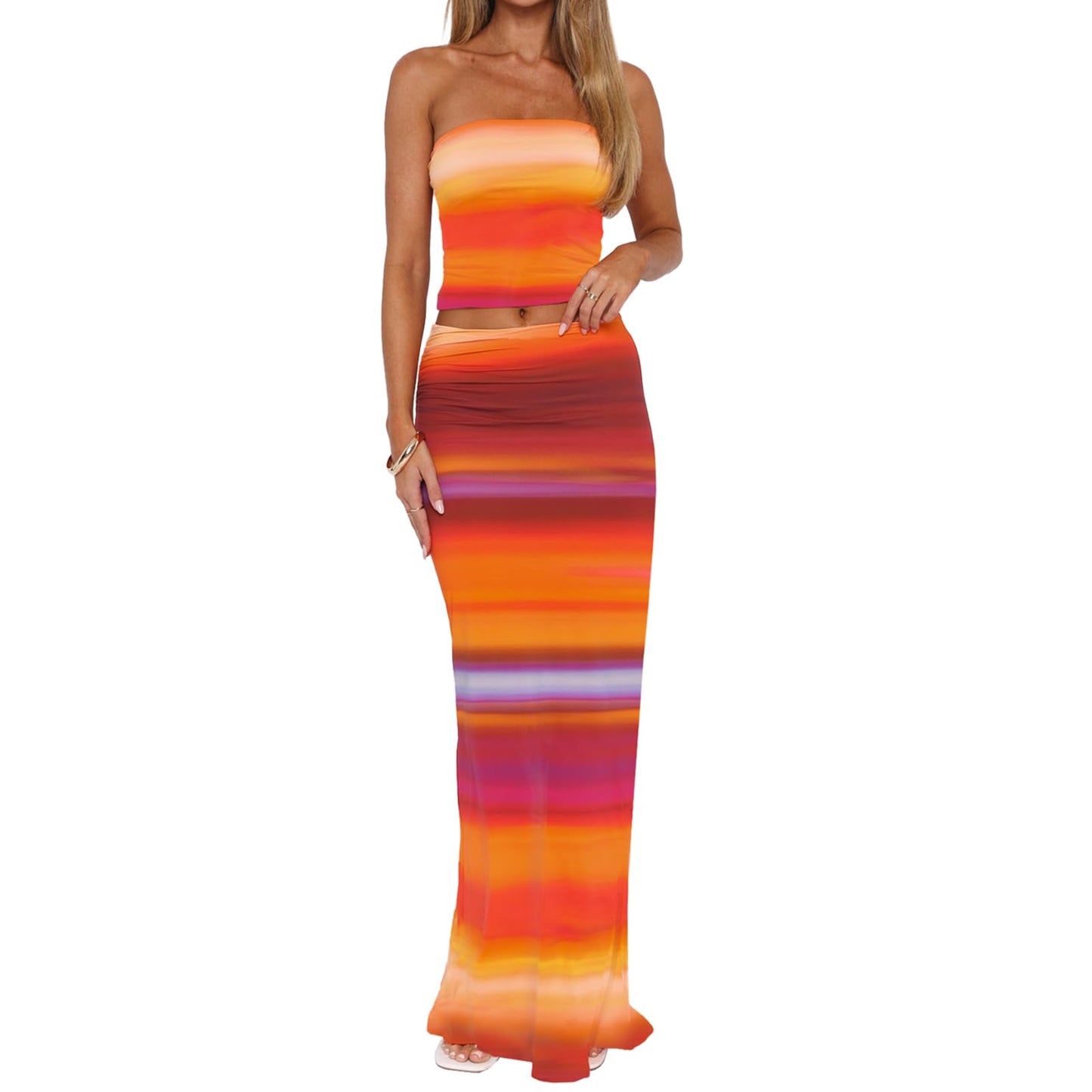 Goafuliy 2 Piece Skirt Sets for Women Summer, Floral Sleeveless Tube Top Bodycon Maxi Skirts Y2k Vacation Going Out Outfits